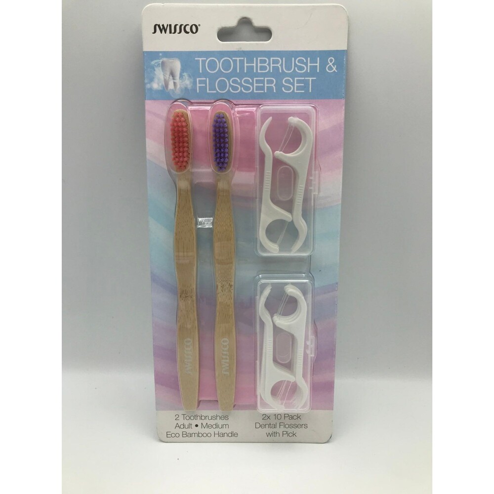 Swissco Toothbrush and Flosser set- 2 toothbrushes and 2 floss packs-NEW